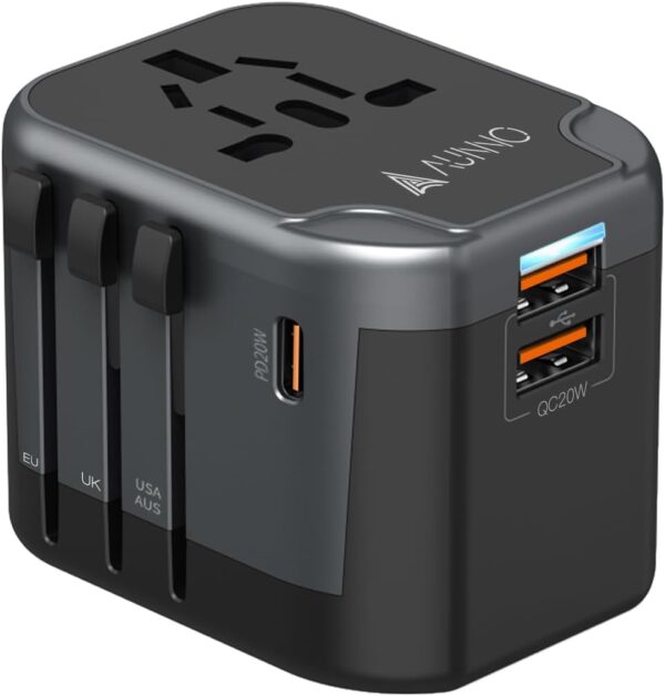 AUNNO Universal Travel Adapter, 20W Intelligent Quick Charge 3.0, Travel Adapter with USB-C and 2 USB Ports, Dual Safety Fuses, UK to European Plug Adaptor for EU USA Australia etc