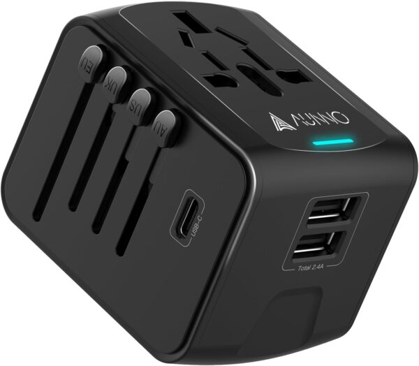 AUNNO Universal Travel Adapter, International Travel Plug Adapter with 1 USB C and 2 USB Ports, All in One Worldwide Plug Adaptor, UK to European Power Universal Plug Adaptor for EU USA Australia