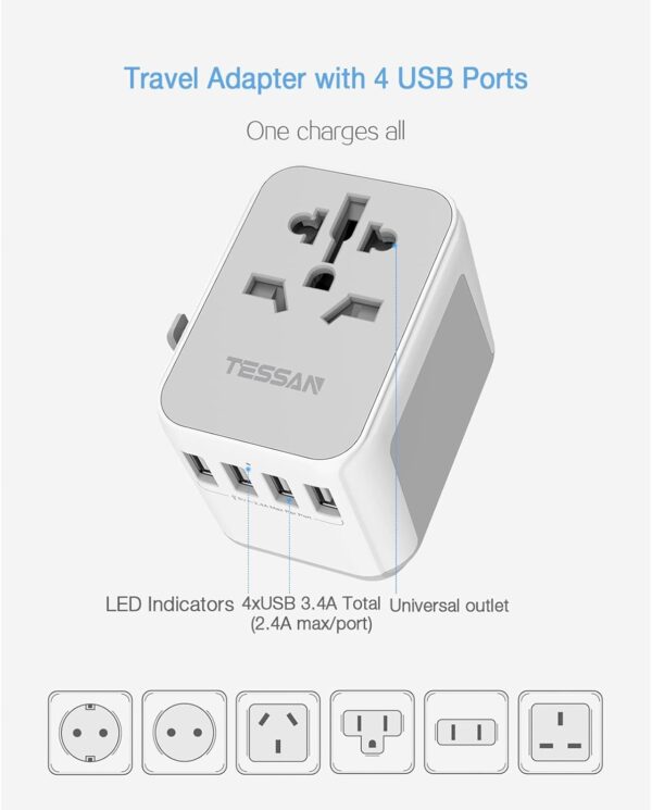 TESSAN Plug Adapter Worldwide with 4 USB and 1 AC Socket, International Travel Adapter UK to European Power Universal Plug Adaptor for EU USA Australia Thailand - Image 3