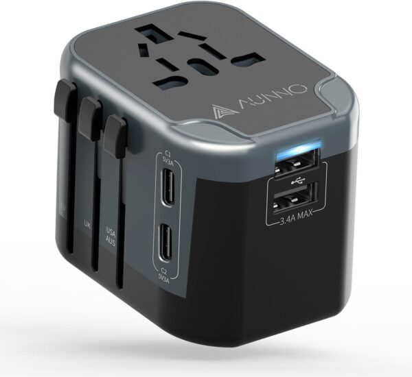 AUNNO Universal Travel Adapter, International Travel Plug Adapter with 2 USB-C and 2 USB Ports, All in One Plug Adaptor with Dual Safety Fuses, UK to European Plug Adaptor for EU USA Australia etc