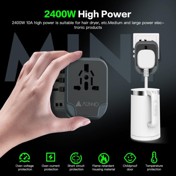 AUNNO Universal Travel Adapter, International Travel Plug Adapter with 2 USB-C and 2 USB Ports, All in One Plug Adaptor with Dual Safety Fuses, UK to European Plug Adaptor for EU USA Australia etc - Image 3