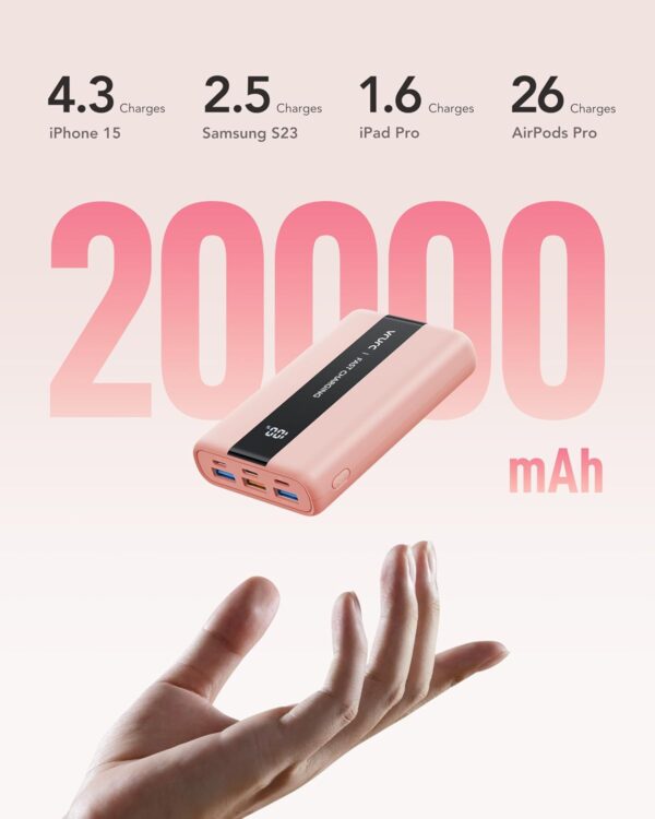 VRURC Portable Power Bank, 20000mAh Mini Portable Charger Fast Charging, USB C In & Out Small Charging Battery Pack with LED Display Compatible with iPhone 15, 15plus.15pro, Samsung, Android-Pink - Image 2