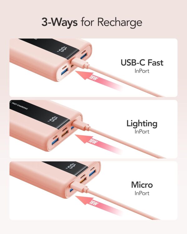 VRURC Portable Power Bank, 20000mAh Mini Portable Charger Fast Charging, USB C In & Out Small Charging Battery Pack with LED Display Compatible with iPhone 15, 15plus.15pro, Samsung, Android-Pink - Image 6