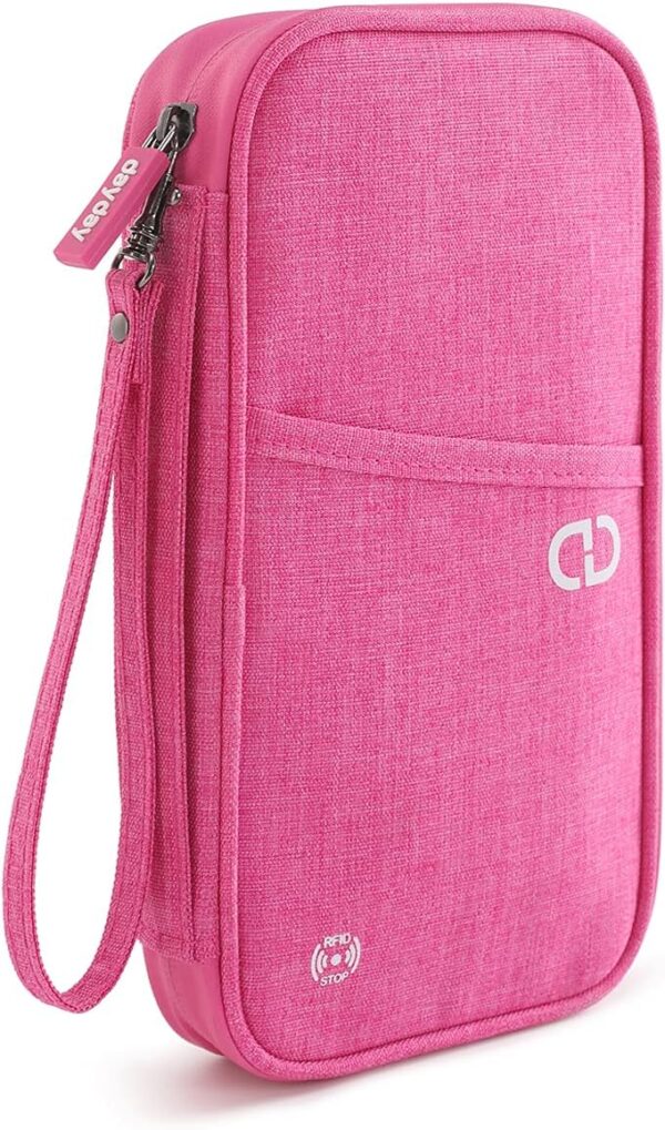 dayday® Passport Holder for Travel Family - RFID Blocking Travel Wallet Organizer Bag for Documents - Water-Resistant Passport Wallet with Wrist Strap - Pink