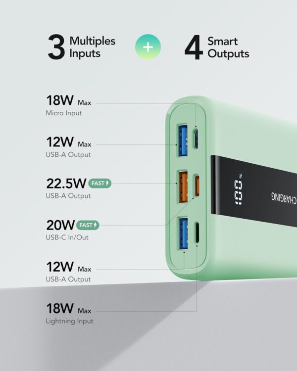 VRURC Portable Charger, 22.5W Smallest Power Bank 20000mAh, USB C in & Out Fast Charging Mini Battery Pack, 3 USB Ports LED Display Travel Phone Charger for iPhone 15 14 13, Samsung, Android - Image 4