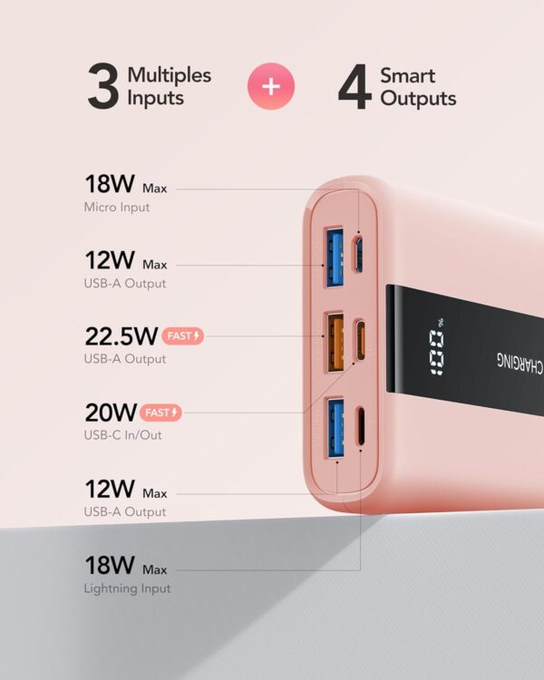 VRURC Portable Power Bank, 20000mAh Mini Portable Charger Fast Charging, USB C In & Out Small Charging Battery Pack with LED Display Compatible with iPhone 15, 15plus.15pro, Samsung, Android-Pink - Image 4