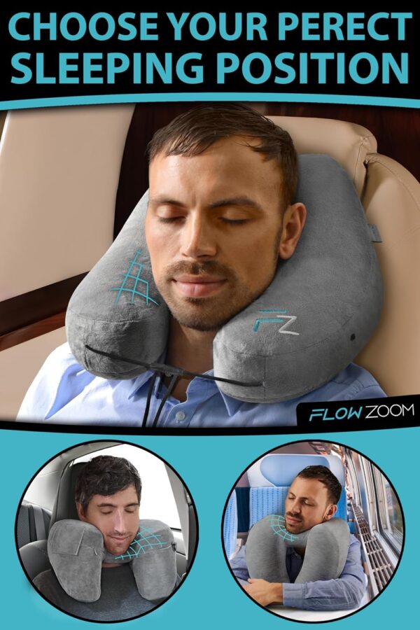 FLOWZOOM AIR Inflatable Travel Pillow for Airplane - Hooded Neck Pillow for Travel - Inflatable Travel Neck Pillow - Plane Pillow - Neck Cushion - Flight Pillow - Travel Neck Pillows for Adults – Grey - Image 3